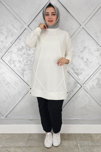KADIN KOLYE DETAYLI TESETTÜR TUNİK EKRU - 3XL