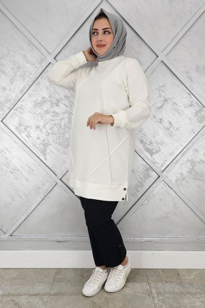 KADIN KOLYE DETAYLI TESETTÜR TUNİK EKRU - 2XL