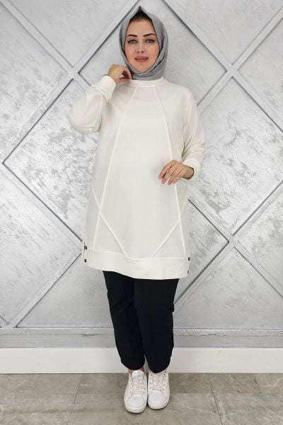 KADIN KOLYE DETAYLI TESETTÜR TUNİK EKRU - 2XL