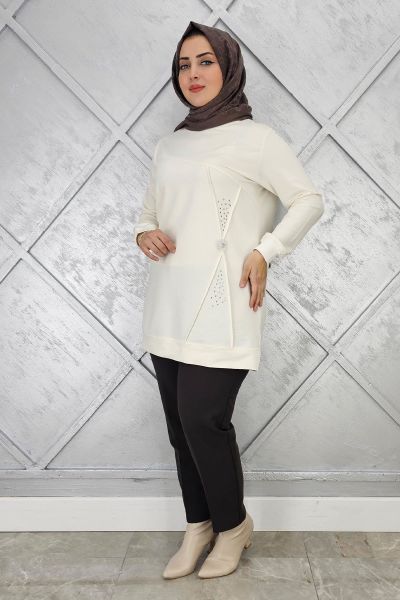 KADIN TAŞ VE DÜĞME DETAYLI TESETTÜR TUNİK EKRU - L