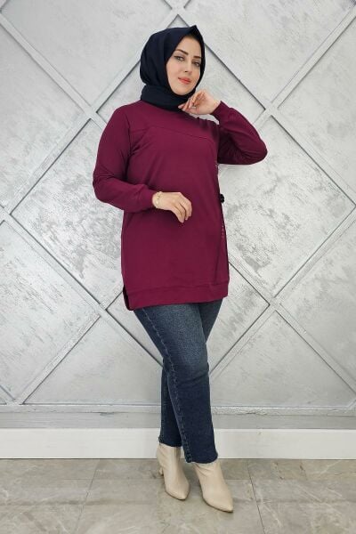 KADIN TAŞ VE DÜĞME DETAYLI TESETTÜR TUNİK BORDO - L