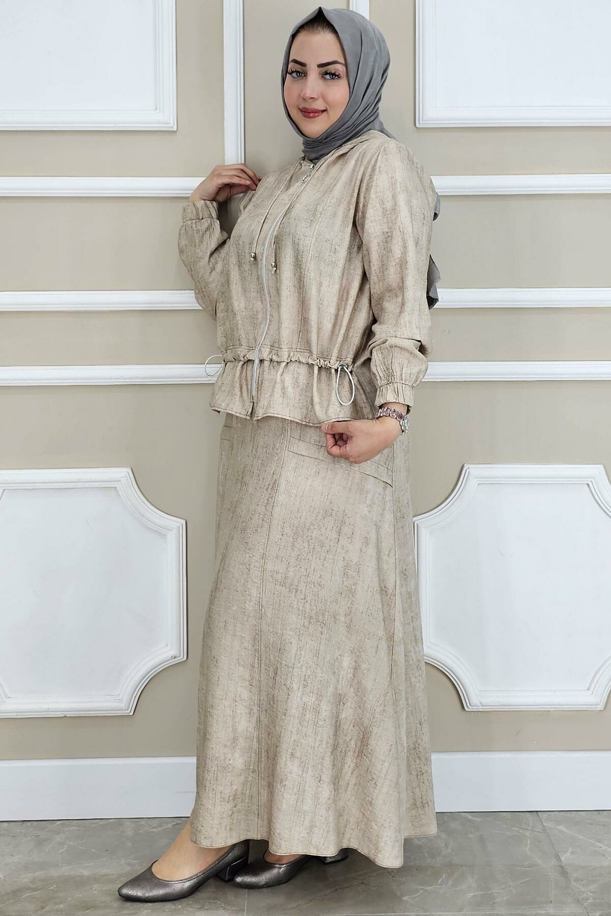 PYS KADIN KAPÜŞONLU ETEKLİ TESETTÜR TAKIM BEJ - 2 BEDEN