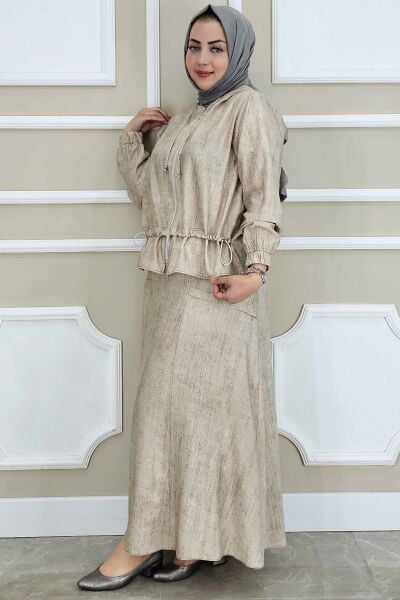 PYS KADIN KAPÜŞONLU ETEKLİ TESETTÜR TAKIM BEJ - 2 BEDEN
