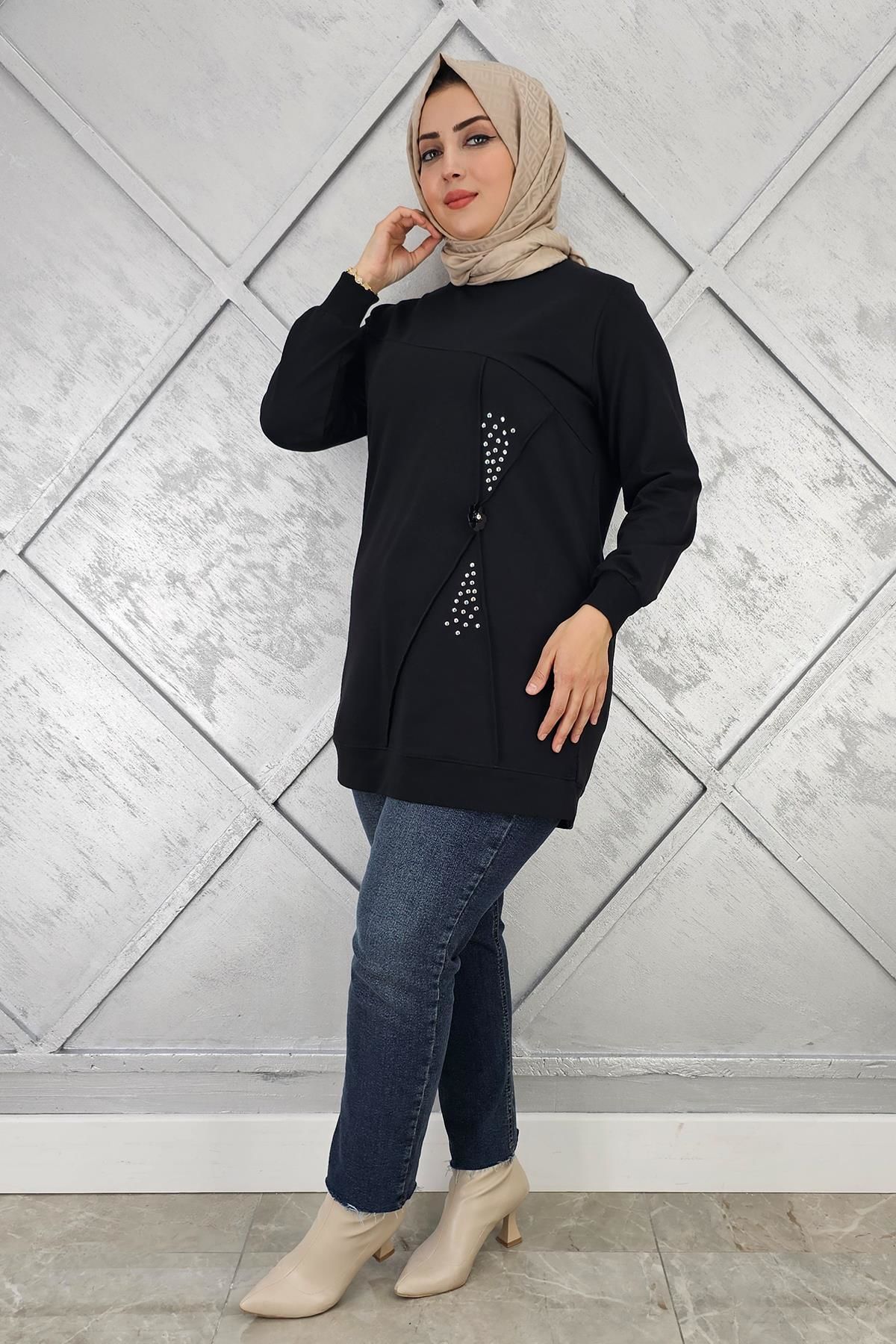 KADIN TAŞ VE DÜĞME DETAYLI TESETTÜR TUNİK SİYAH - 2XL