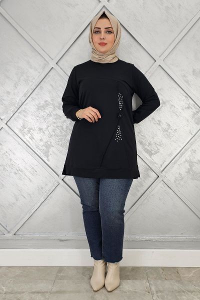 KADIN TAŞ VE DÜĞME DETAYLI TESETTÜR TUNİK SİYAH - 2XL