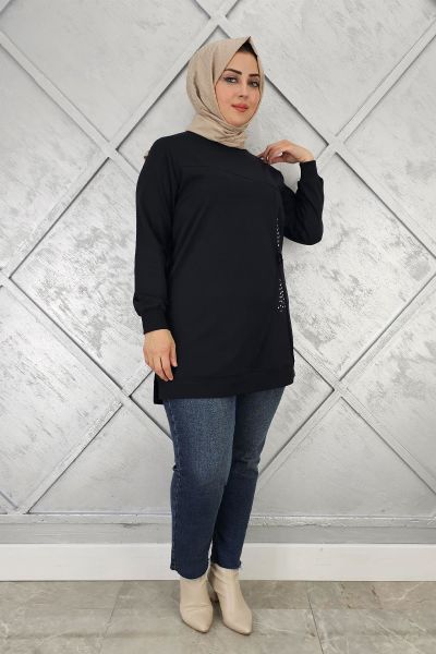 KADIN TAŞ VE DÜĞME DETAYLI TESETTÜR TUNİK SİYAH - 2XL