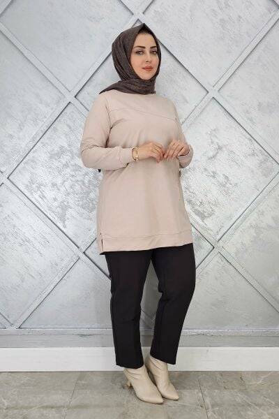 KADIN TAŞ VE DÜĞME DETAYLI TESETTÜR TUNİK BEJ - 3XL