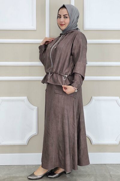 PYS KADIN KAPÜŞONLU ETEKLİ TESETTÜR TAKIM KAHVERENGİ - 3 BEDEN