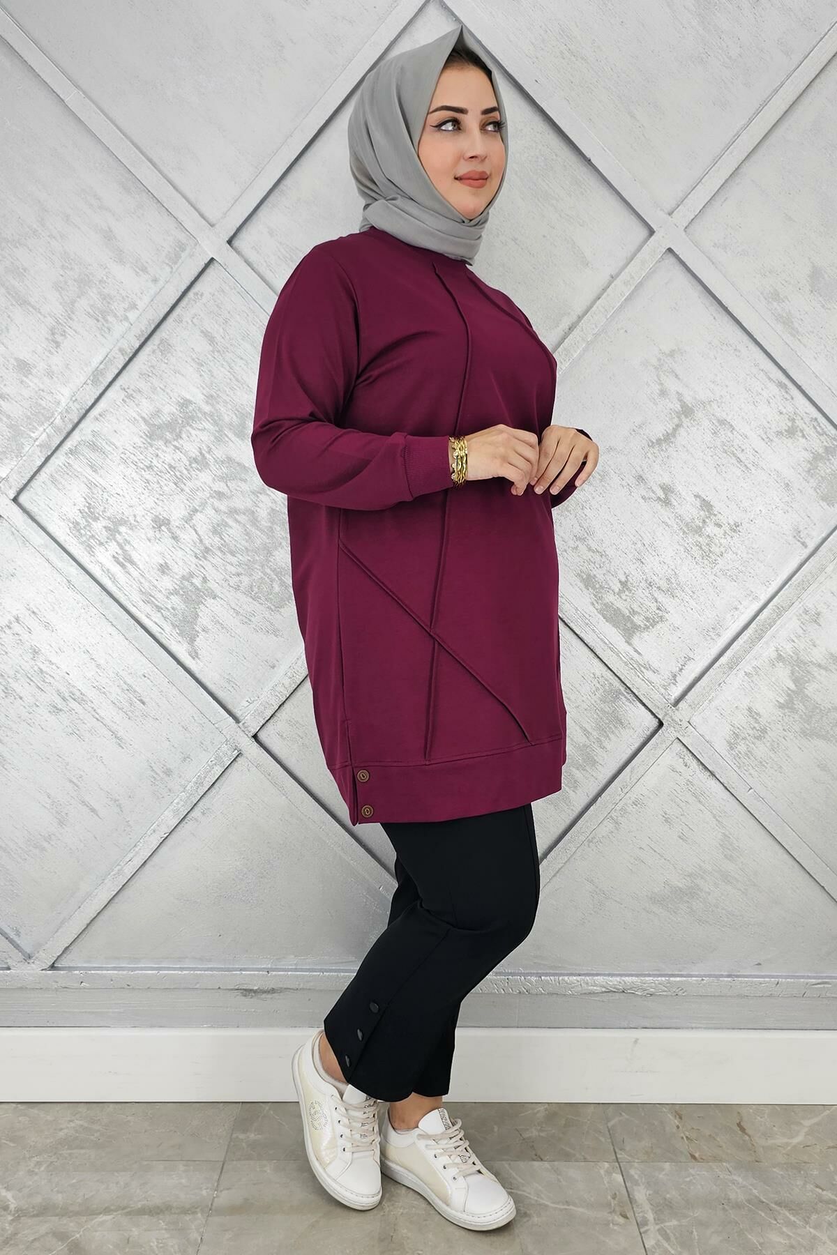 KADIN KOLYE DETAYLI TESETTÜR TUNİK BORDO - XL