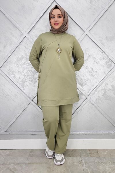 KADIN DÜĞME DETAYLI TESETTÜR TAKIM HAKİ - 3XL