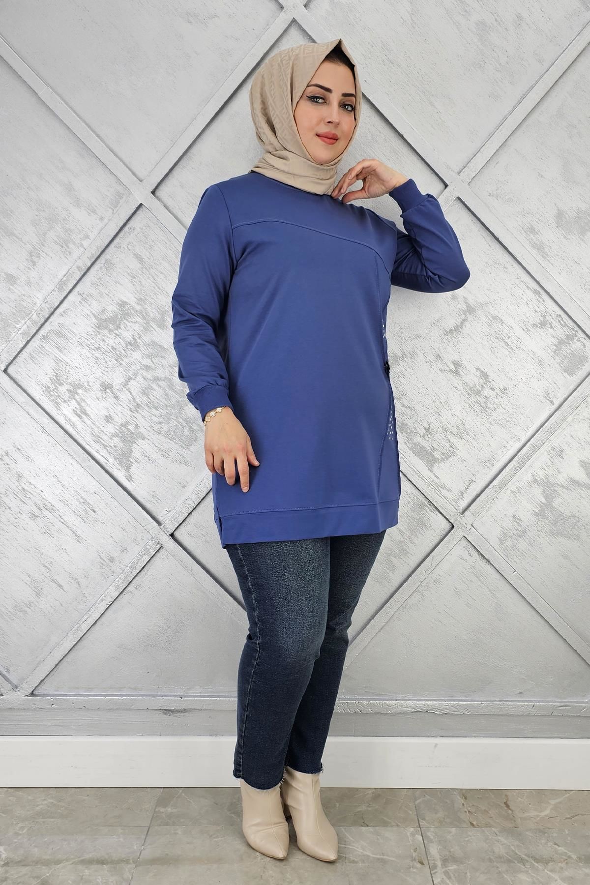 KADIN TAŞ VE DÜĞME DETAYLI TESETTÜR TUNİK İNDİGO - L