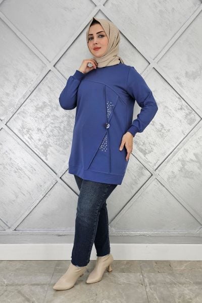 KADIN TAŞ VE DÜĞME DETAYLI TESETTÜR TUNİK İNDİGO - L