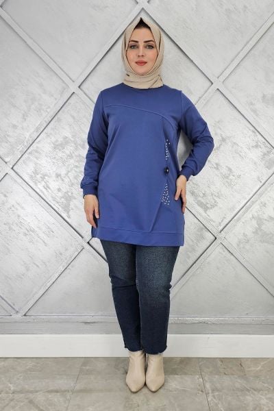 KADIN TAŞ VE DÜĞME DETAYLI TESETTÜR TUNİK İNDİGO - L