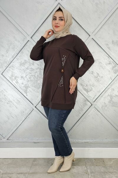 KADIN TAŞ VE DÜĞME DETAYLI TESETTÜR TUNİK KAHVERENGİ - XL