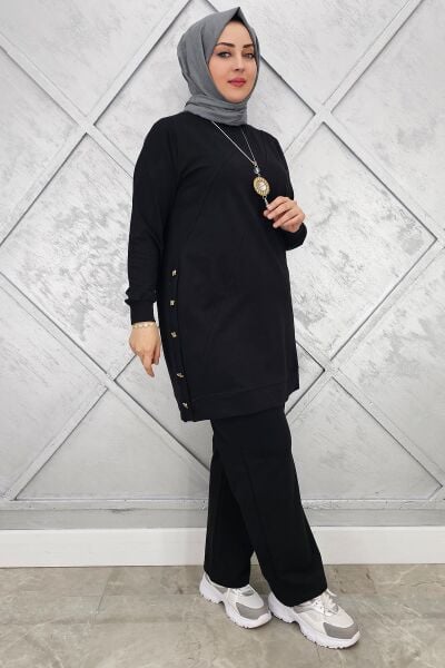KADIN DÜĞME DETAYLI TESETTÜR TAKIM SİYAH - 2XL