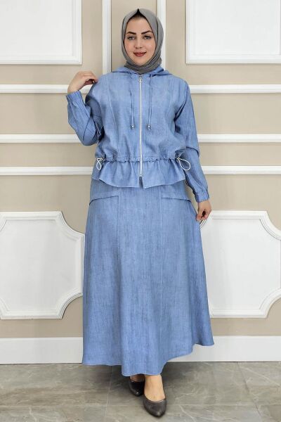 PYS KADIN KAPÜŞONLU ETEKLİ TESETTÜR TAKIM MAVİ - 4 BEDEN