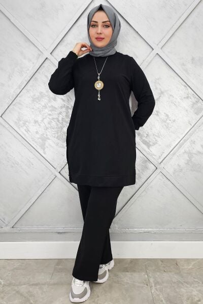 KADIN DÜĞME DETAYLI TESETTÜR TAKIM SİYAH - 3XL