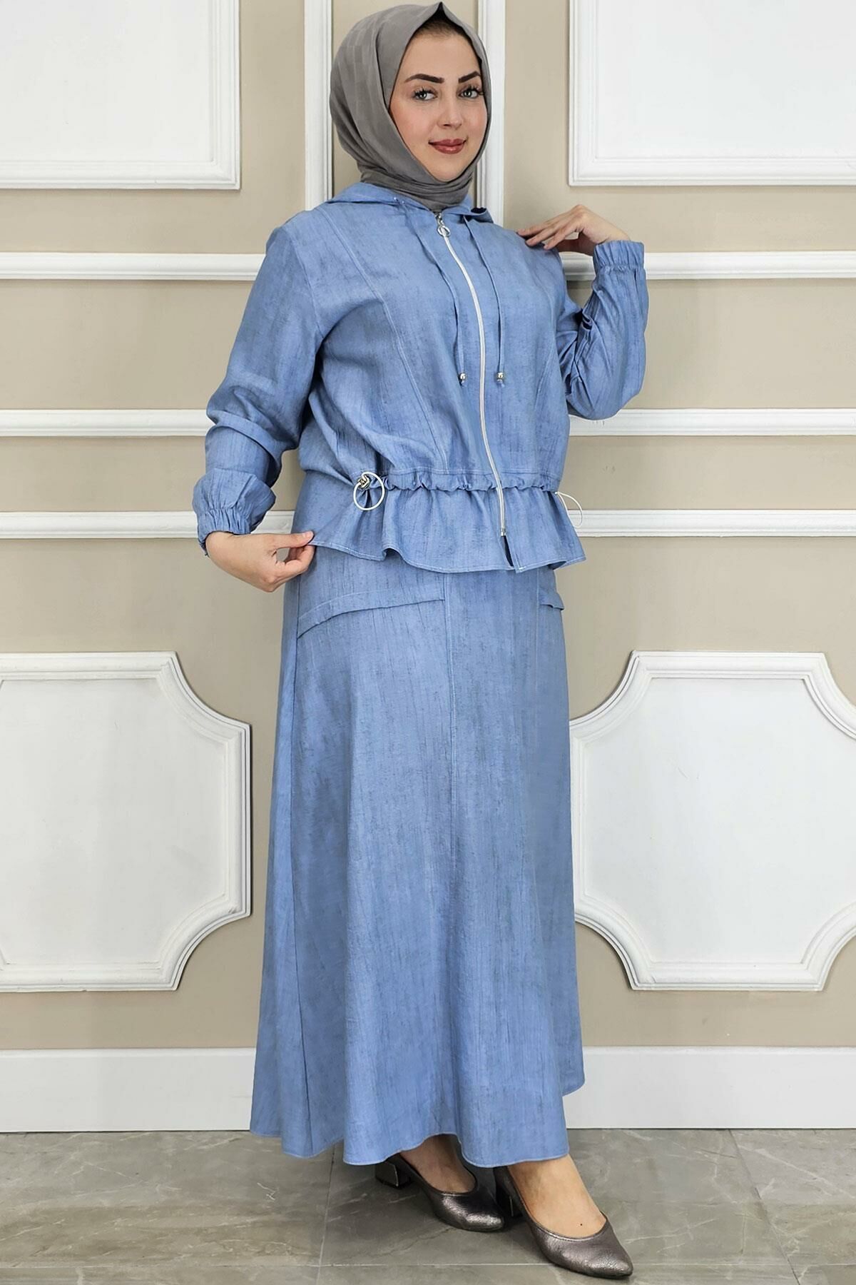 PYS KADIN KAPÜŞONLU ETEKLİ TESETTÜR TAKIM MAVİ - 5 BEDEN