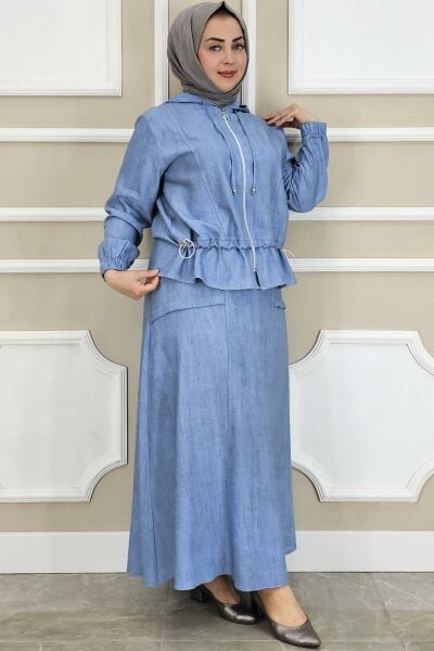 PYS KADIN KAPÜŞONLU ETEKLİ TESETTÜR TAKIM MAVİ - 5 BEDEN