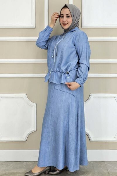 PYS KADIN KAPÜŞONLU ETEKLİ TESETTÜR TAKIM MAVİ - 5 BEDEN