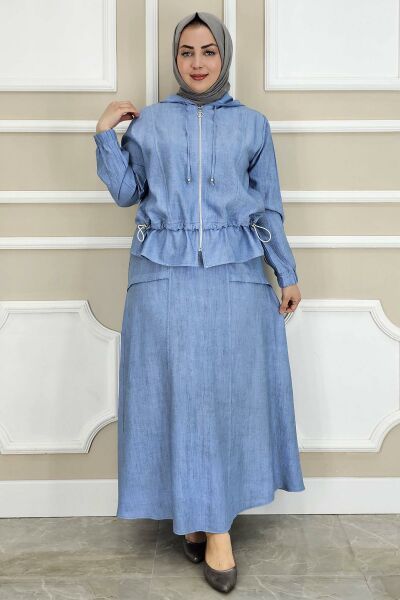 PYS KADIN KAPÜŞONLU ETEKLİ TESETTÜR TAKIM MAVİ - 5 BEDEN