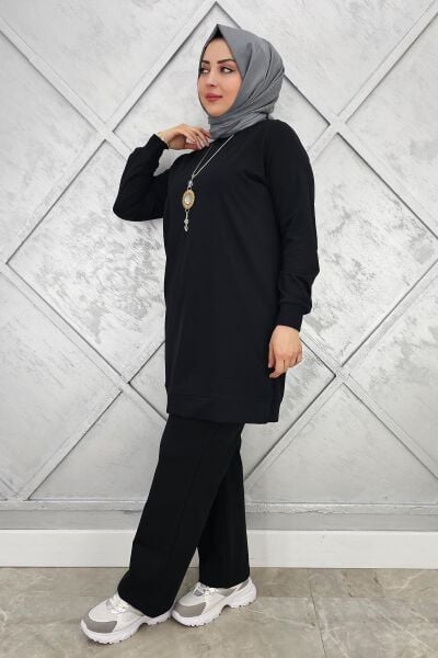 KADIN DÜĞME DETAYLI TESETTÜR TAKIM SİYAH - XL