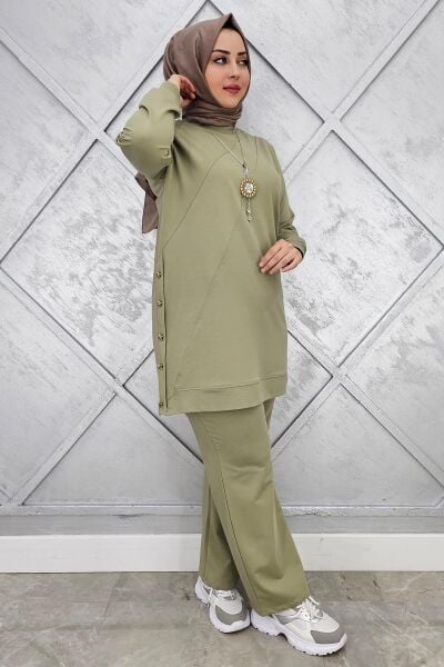 KADIN DÜĞME DETAYLI TESETTÜR TAKIM HAKİ - 2XL