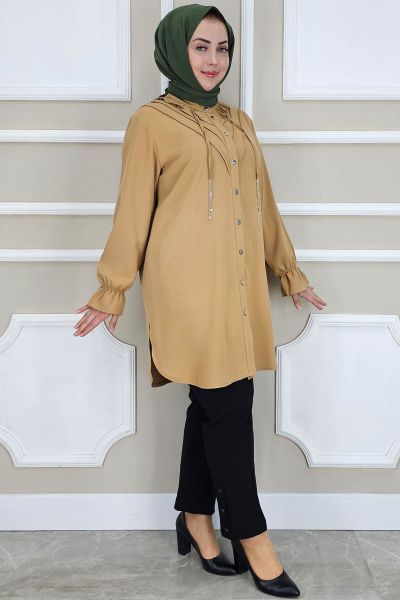 PYS KADIN FIRFIR DETAYLI TESETTÜR GÖMLEK KAHVERENGİ - 3 BEDEN