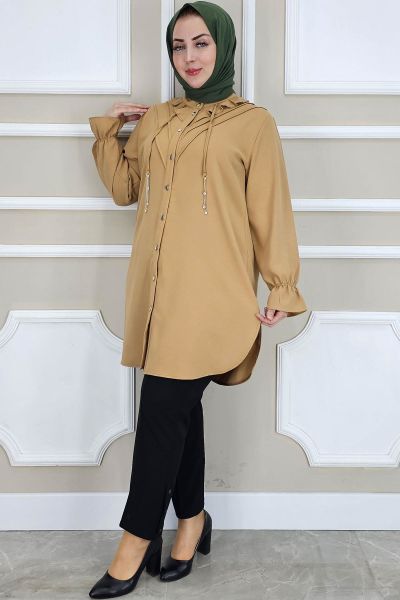 PYS KADIN FIRFIR DETAYLI TESETTÜR GÖMLEK KAHVERENGİ - 3 BEDEN