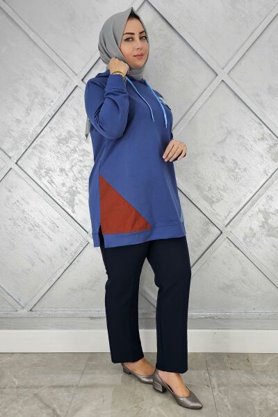 KADIN KOMBİNLİ KAPÜŞONLU TESETTÜR TUNİK İNDİGO - 3 BEDEN