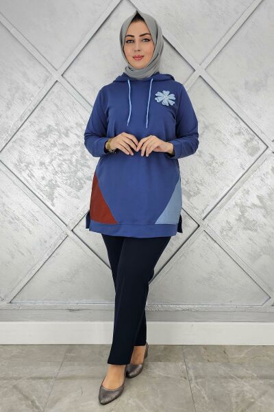 KADIN KOMBİNLİ KAPÜŞONLU TESETTÜR TUNİK İNDİGO - 3 BEDEN