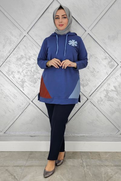 KADIN KOMBİNLİ KAPÜŞONLU TESETTÜR TUNİK İNDİGO - 4 BEDEN
