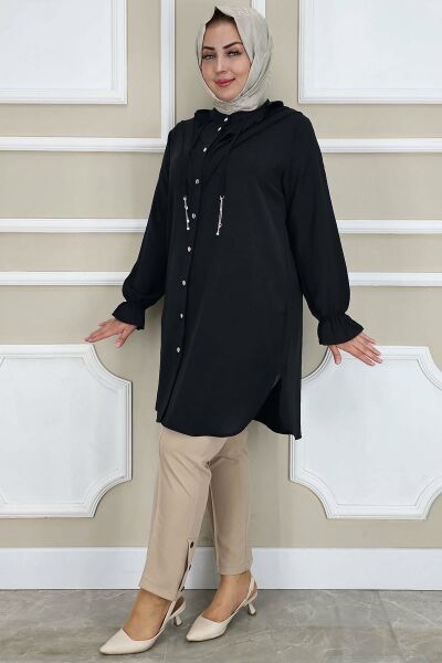 PYS KADIN FIRFIR DETAYLI TESETTÜR GÖMLEK SİYAH - 4 BEDEN
