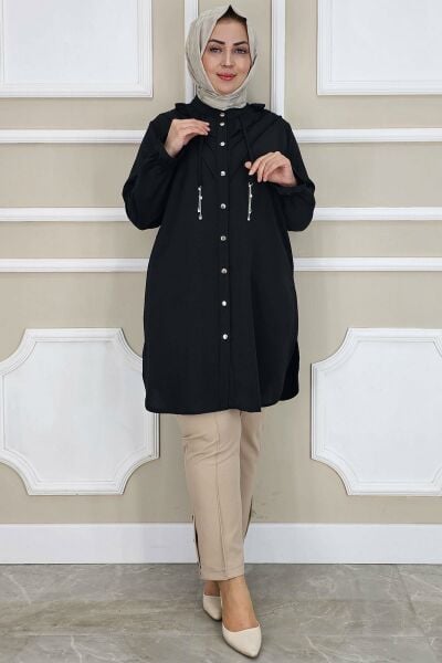 PYS KADIN FIRFIR DETAYLI TESETTÜR GÖMLEK SİYAH - 4 BEDEN