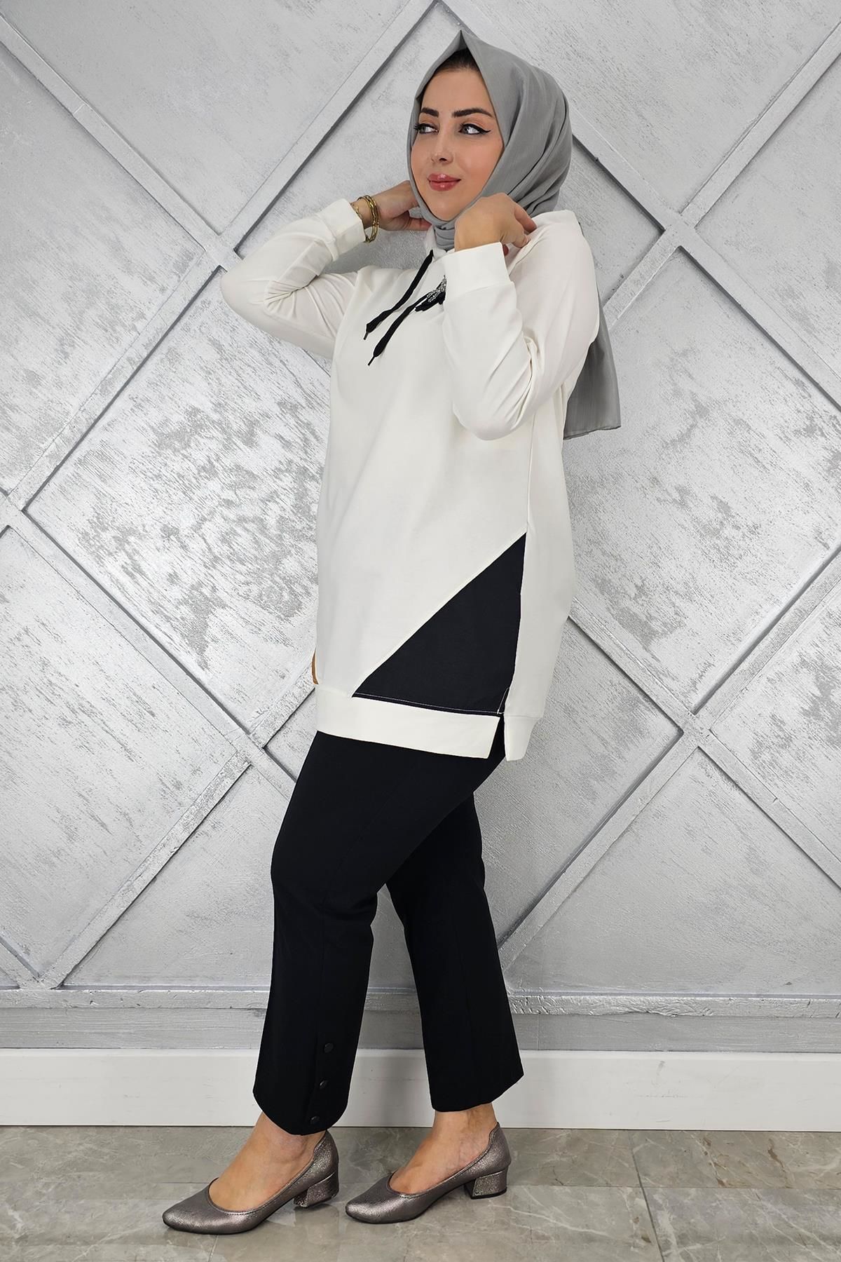 KADIN KOMBİNLİ KAPÜŞONLU TESETTÜR TUNİK EKRU - 4 BEDEN