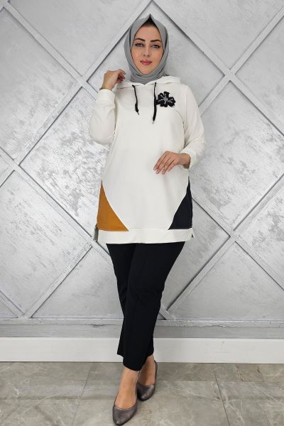 KADIN KOMBİNLİ KAPÜŞONLU TESETTÜR TUNİK EKRU - 4 BEDEN