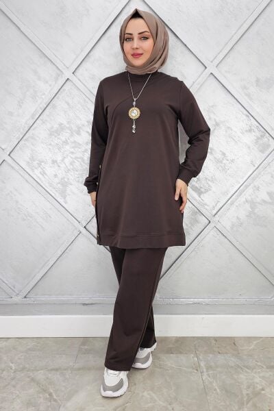 KADIN DÜĞME DETAYLI TESETTÜR TAKIM KAHVERENGİ - XL