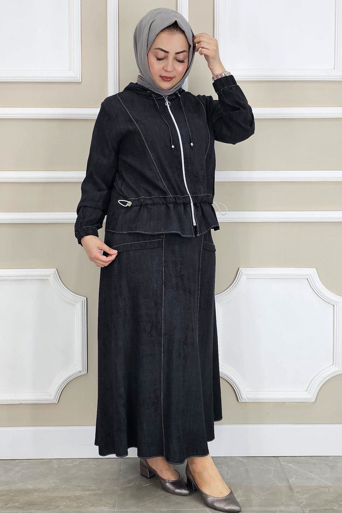 PYS KADIN KAPÜŞONLU ETEKLİ TESETTÜR TAKIM SİYAH - 2 BEDEN