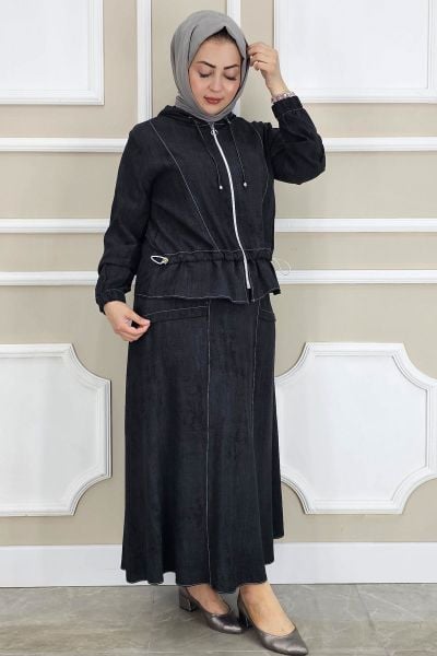 PYS KADIN KAPÜŞONLU ETEKLİ TESETTÜR TAKIM SİYAH - 2 BEDEN