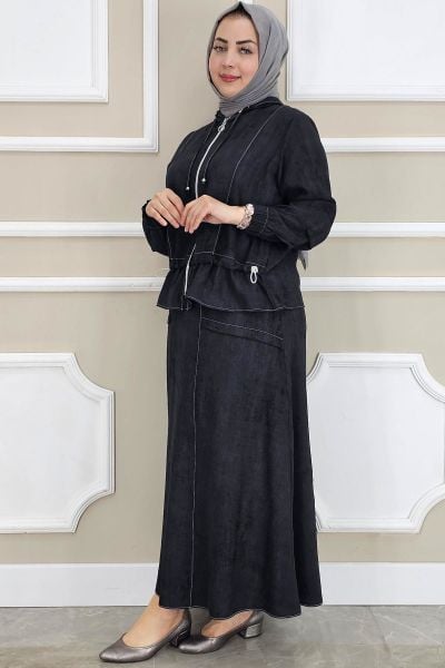 PYS KADIN KAPÜŞONLU ETEKLİ TESETTÜR TAKIM SİYAH - 2 BEDEN