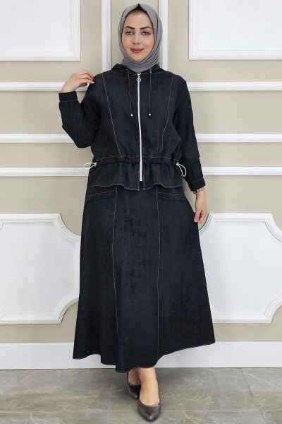 PYS KADIN KAPÜŞONLU ETEKLİ TESETTÜR TAKIM SİYAH - 2 BEDEN