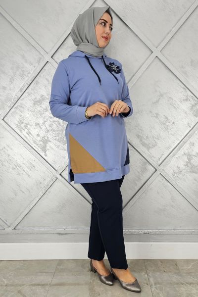 KADIN KOMBİNLİ KAPÜŞONLU TESETTÜR TUNİK MAVİ - 5 BEDEN