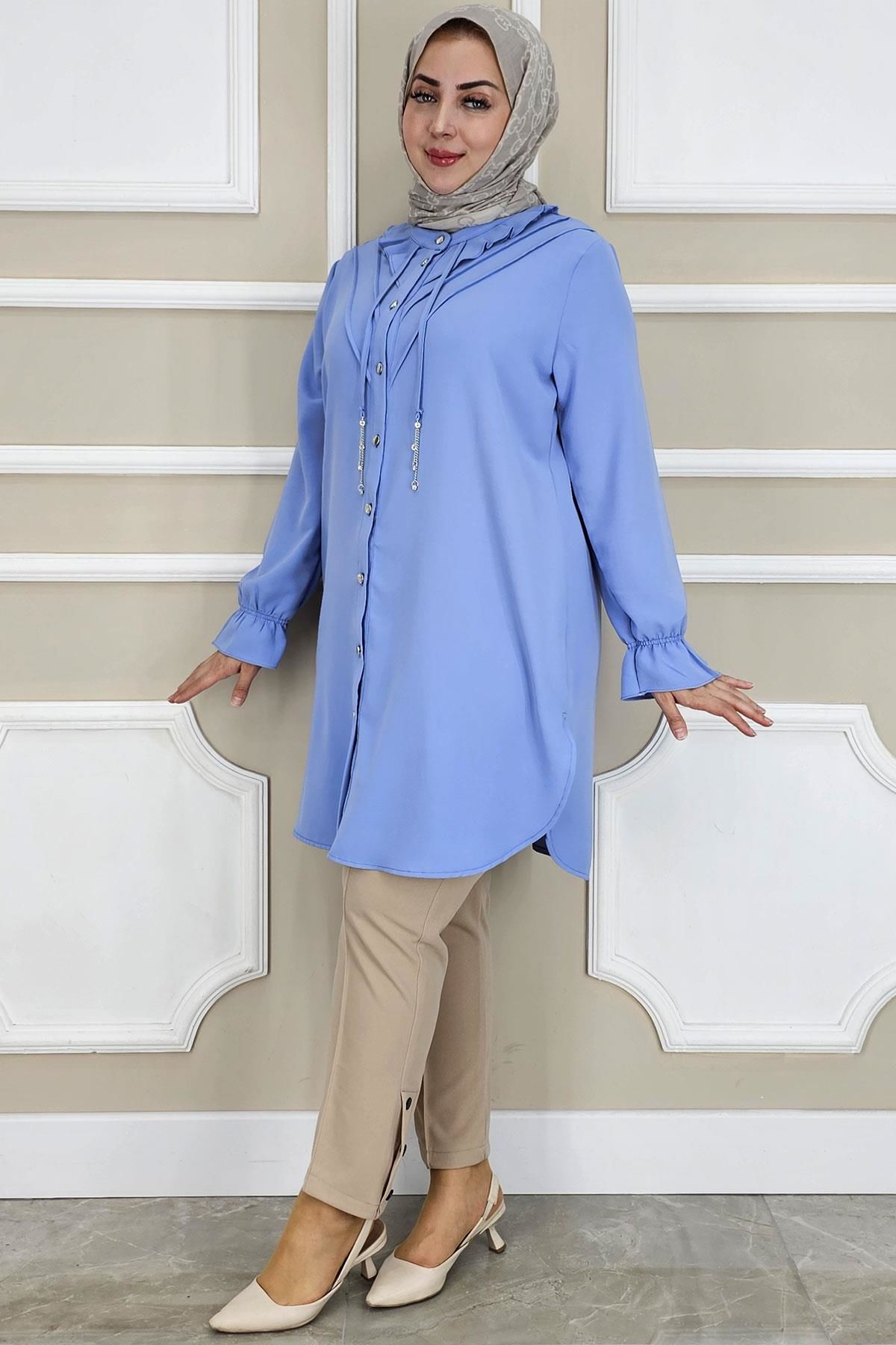 PYS KADIN FIRFIR DETAYLI TESETTÜR GÖMLEK MAVİ - 4 BEDEN