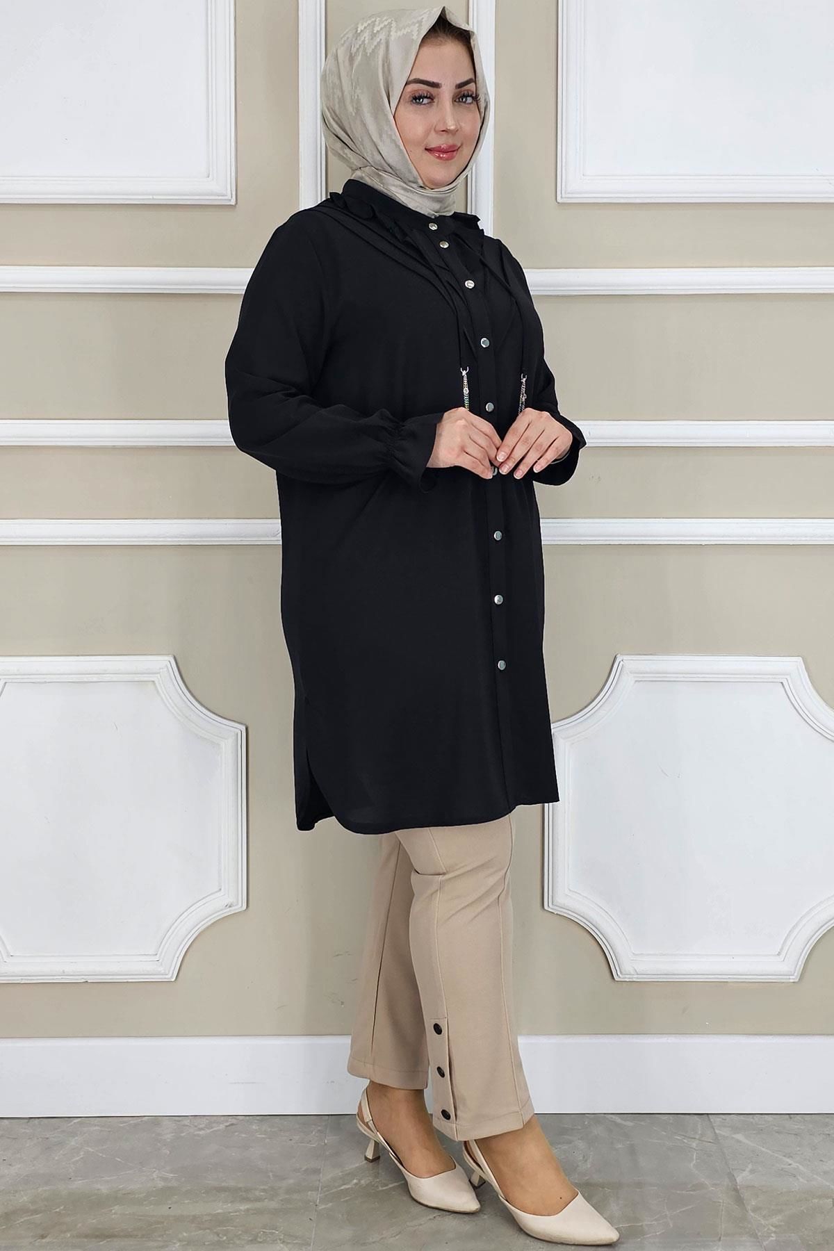 PYS KADIN FIRFIR DETAYLI TESETTÜR GÖMLEK SİYAH - 3 BEDEN