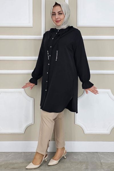 PYS KADIN FIRFIR DETAYLI TESETTÜR GÖMLEK SİYAH - 3 BEDEN