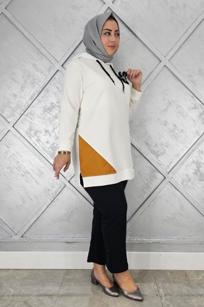 KADIN KOMBİNLİ KAPÜŞONLU TESETTÜR TUNİK EKRU - 3 BEDEN
