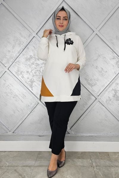 KADIN KOMBİNLİ KAPÜŞONLU TESETTÜR TUNİK EKRU - 5 BEDEN