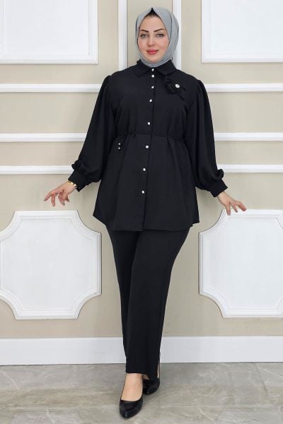 PYS KADIN ÇİÇEK BROŞ DETAYLI TESETTÜR TAKIM SİYAH - 5 BEDEN