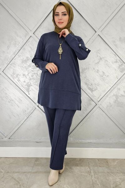 KADIN KOLYE DETAYLI TESETTÜR TAKIM LACİVERT - 4 BEDEN