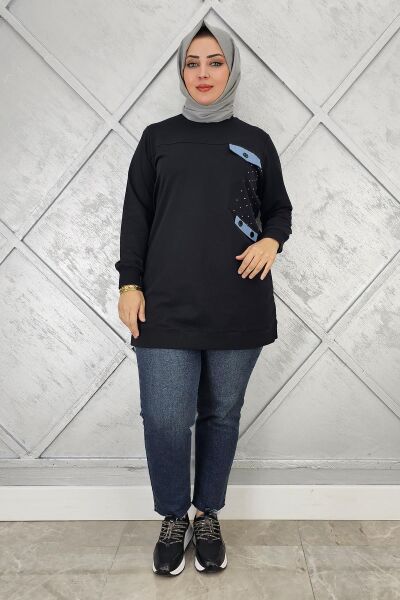 KADIN TAŞ VE DÜĞME DETAYLI TESETTÜR TUNİK SİYAH - L